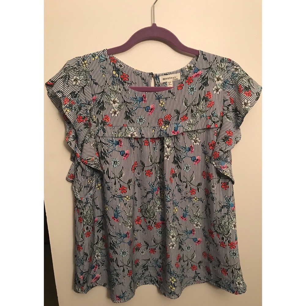 RUFFLE SLV NAVY PINSTRIPE BLS W FLORAL PRINT
